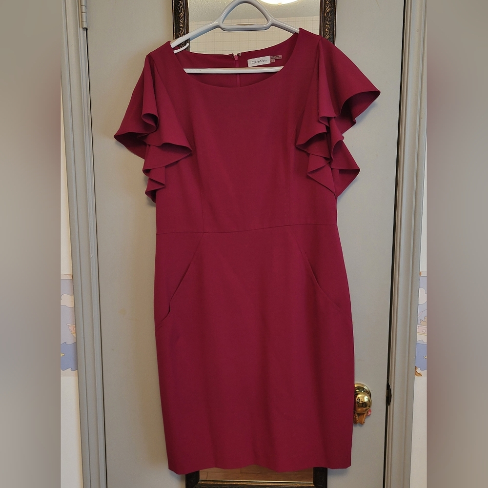 Calvin Klein Red Ruffled Sheath Cocktail Dress